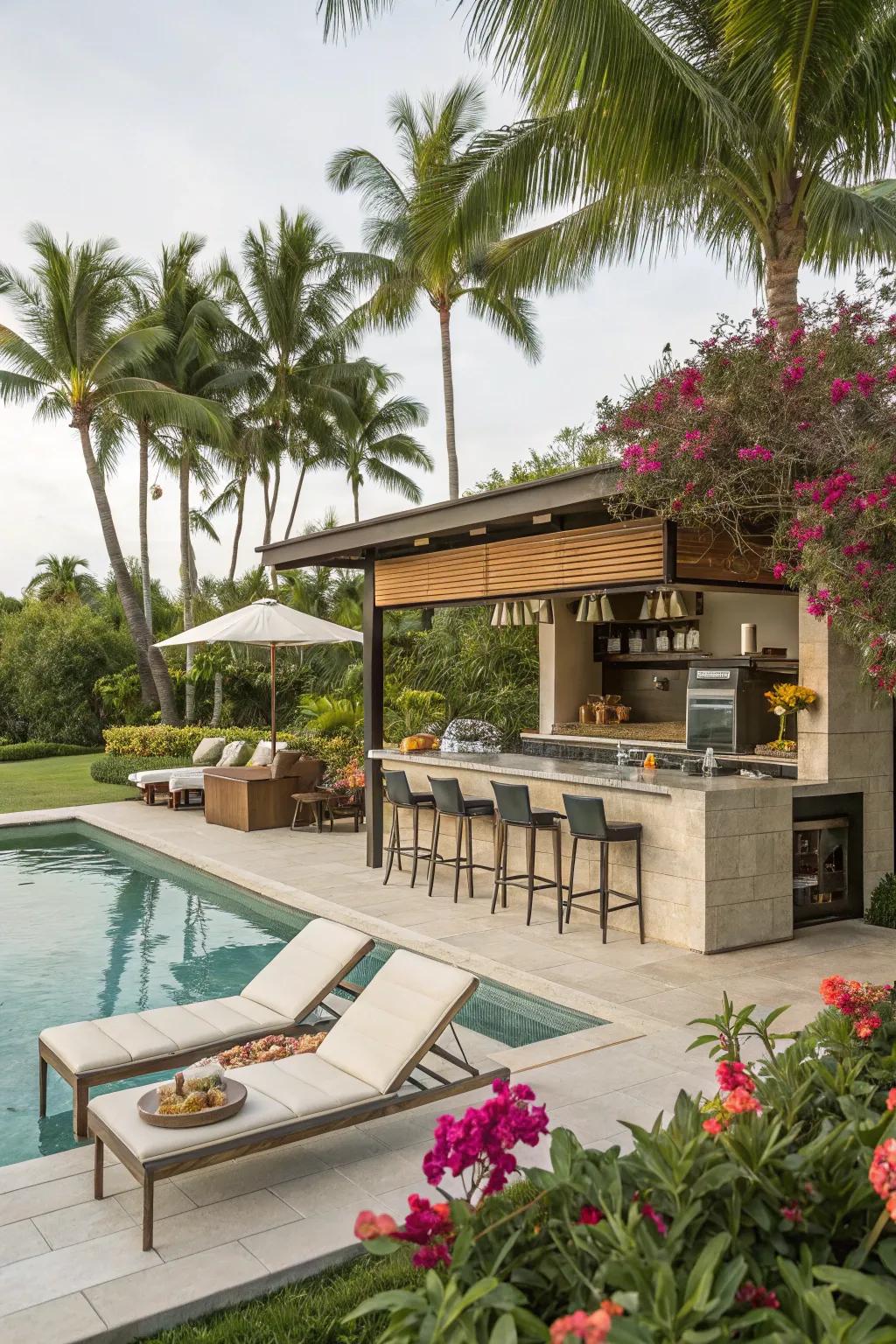 A poolside bar arrangement offers a slice of resort paradise at home.