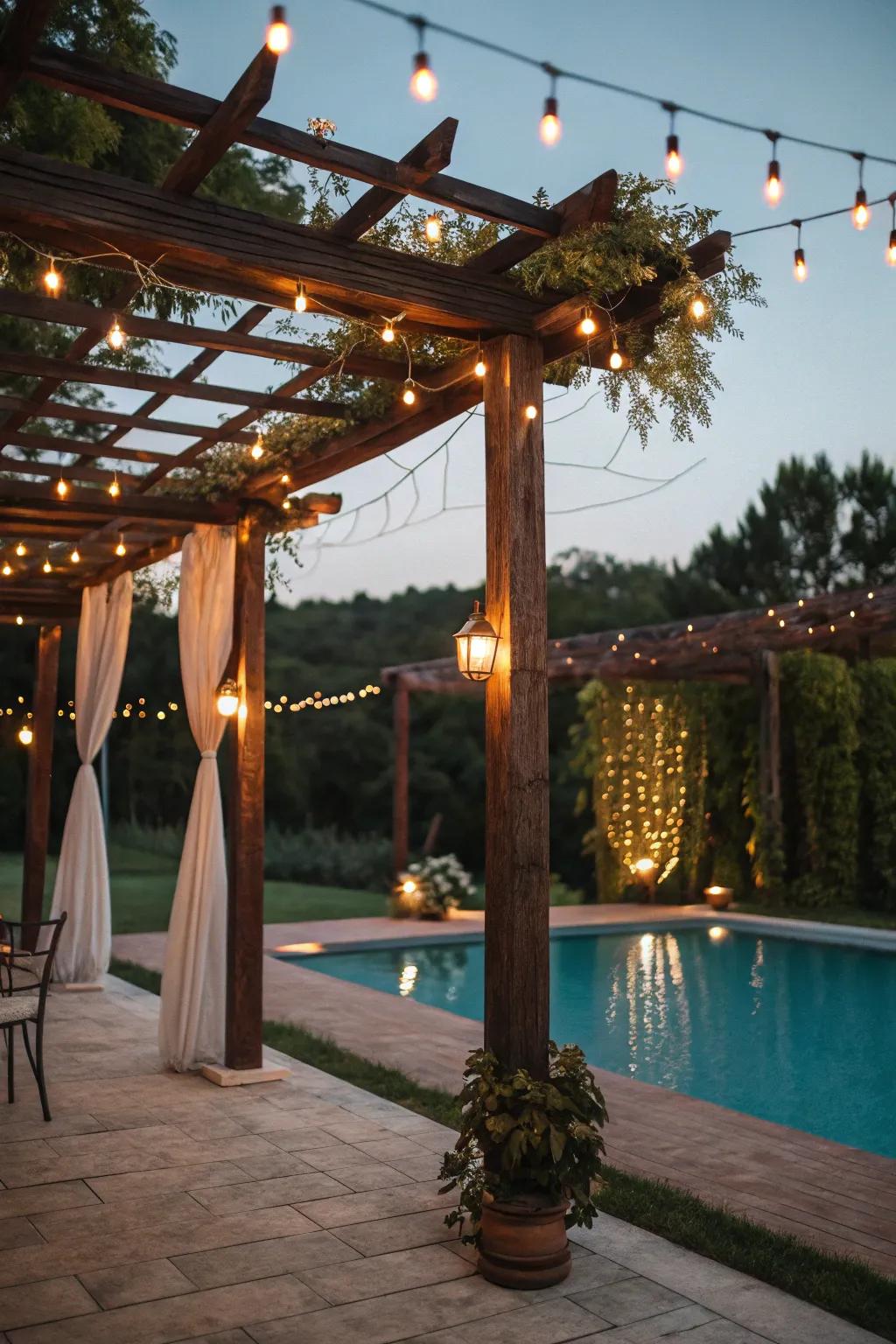 A pergola using hanging lights turns the poolside into an inviting nook.