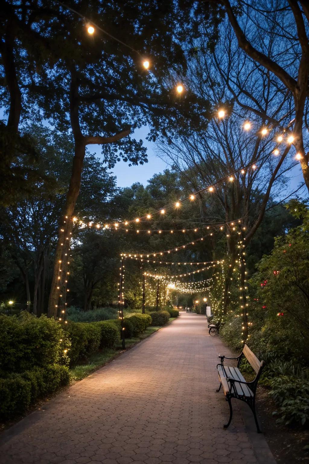 Fairy lights design a dreamy and magical atmosphere in the park.