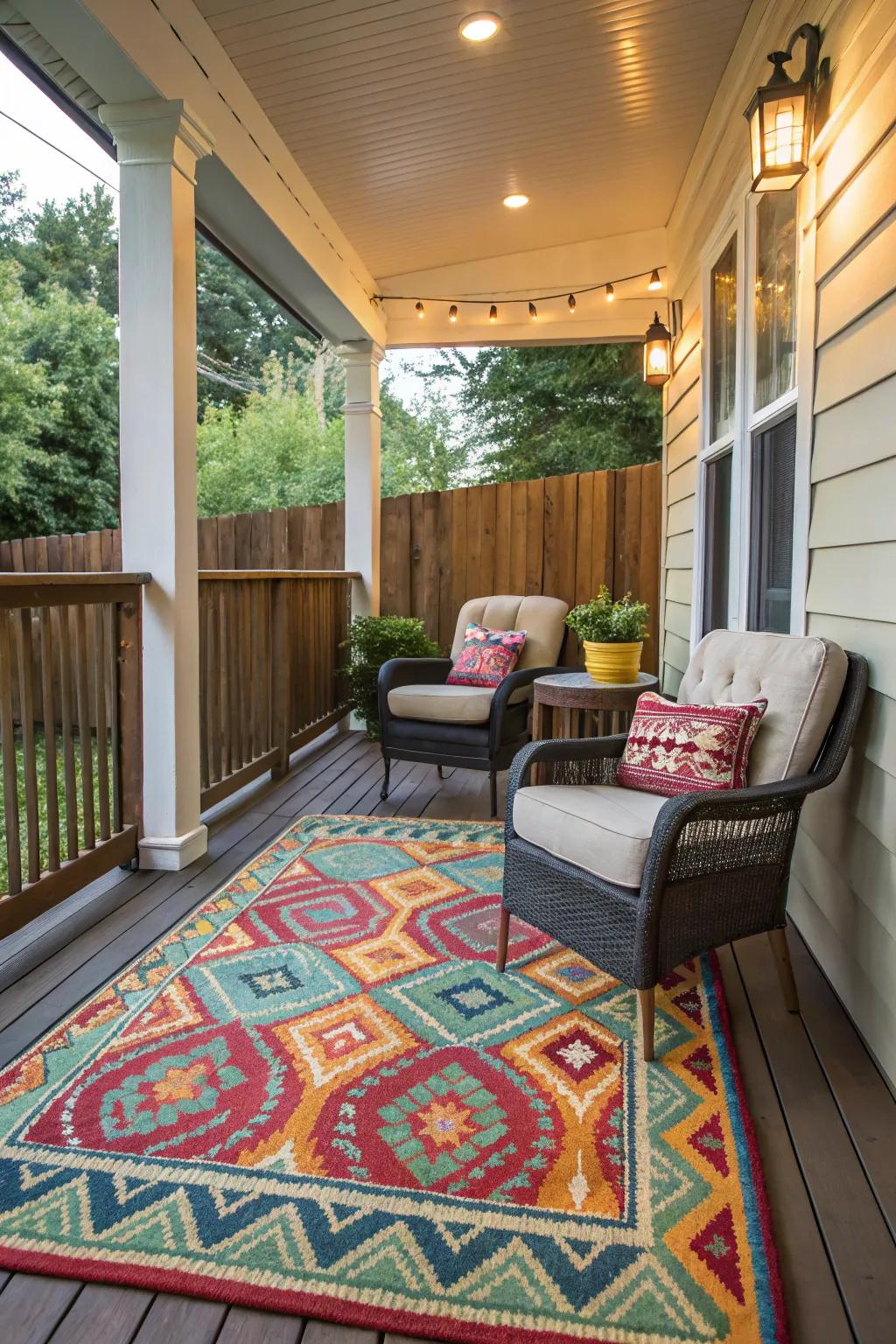 A vibrant outdoor mat unites the seating area on this porch.