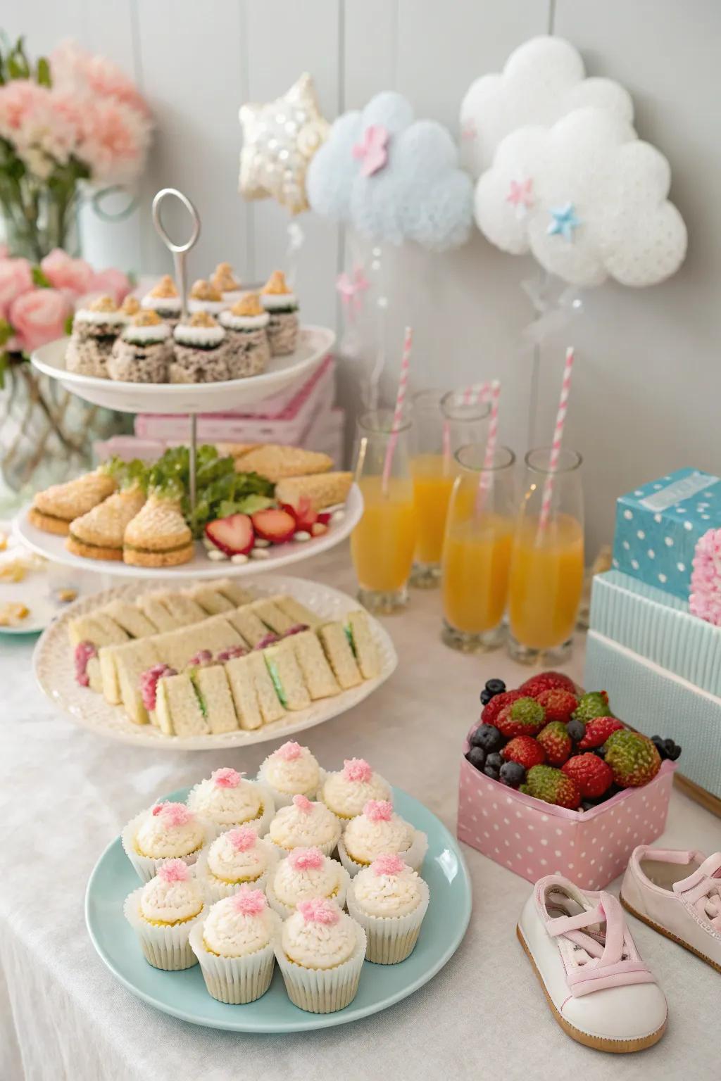 A creatively arranged food display injects visual delight into the baby shower.