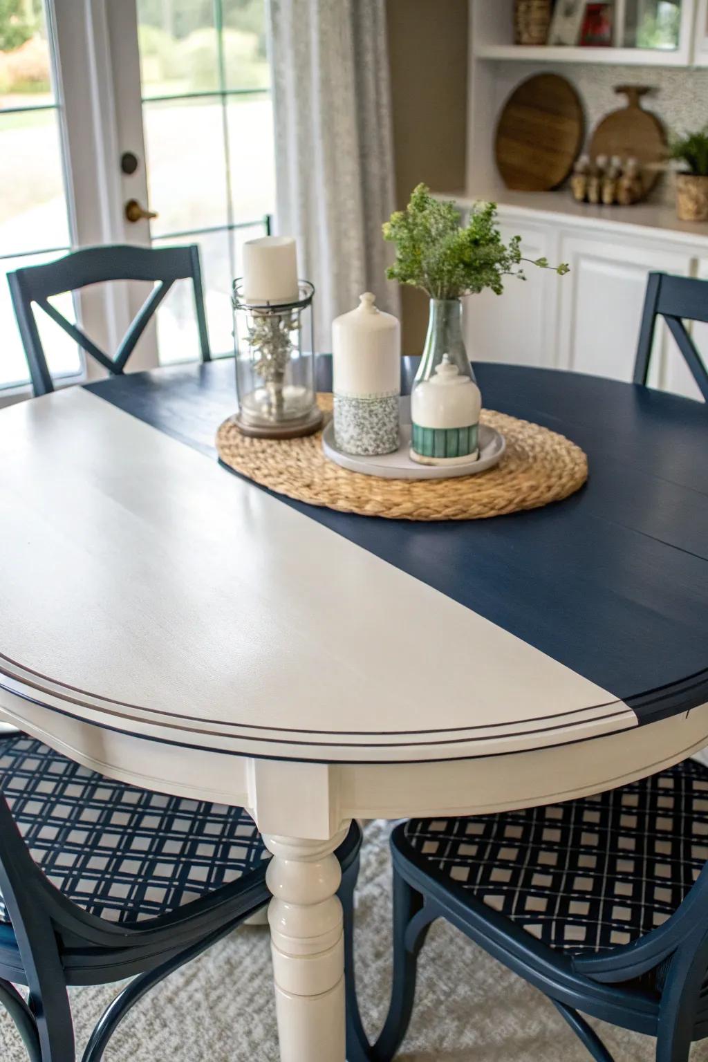 Dual-tone finishes add visual depth to your dining table.