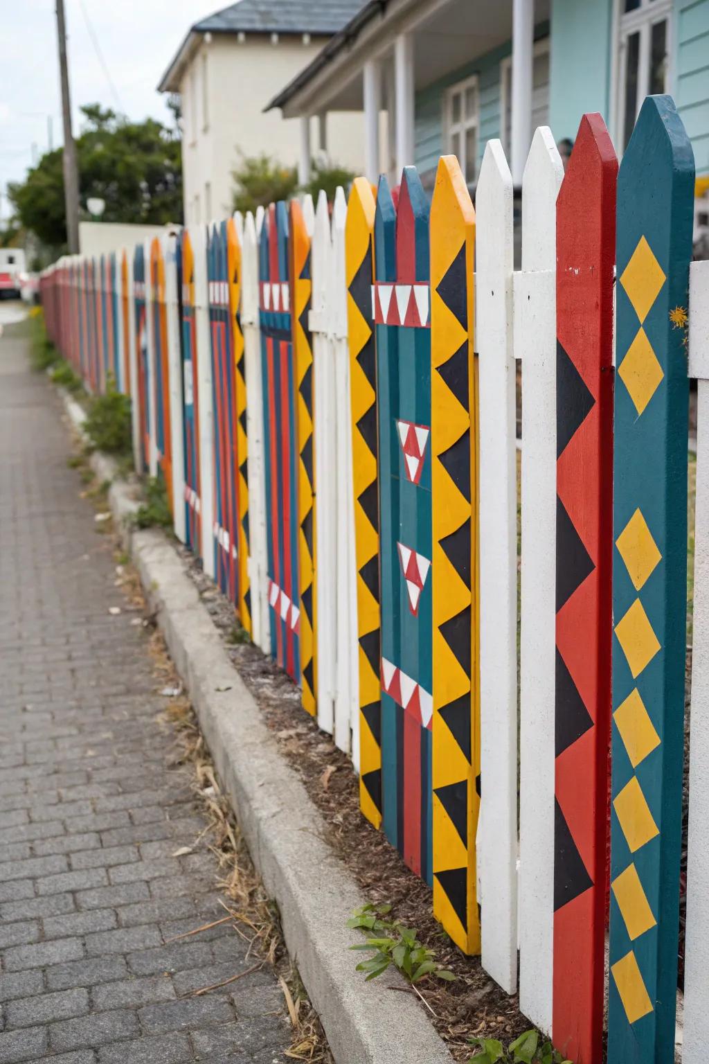 A fence adorned with striking geometric designs.