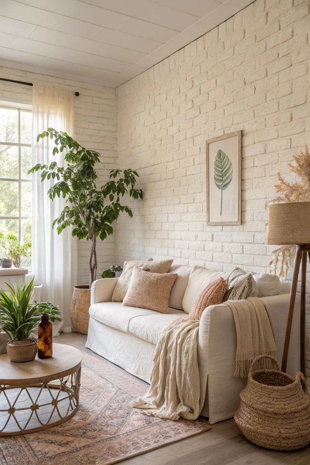 An illuminated and airy living area enhanced by a beige brick wall.
