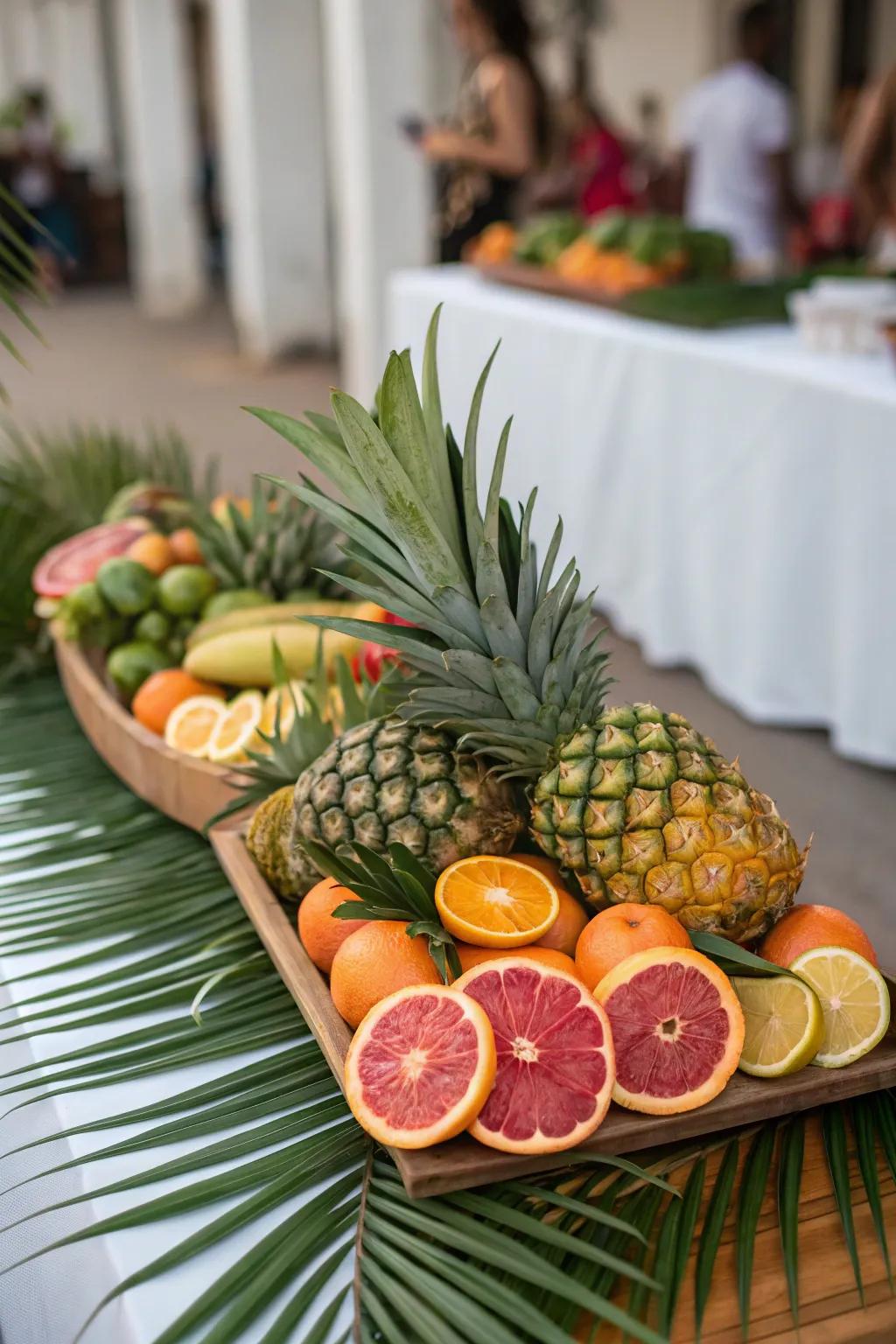 Fresh fruit elements inject a playful and vibrant dimension to palm-centric decor.