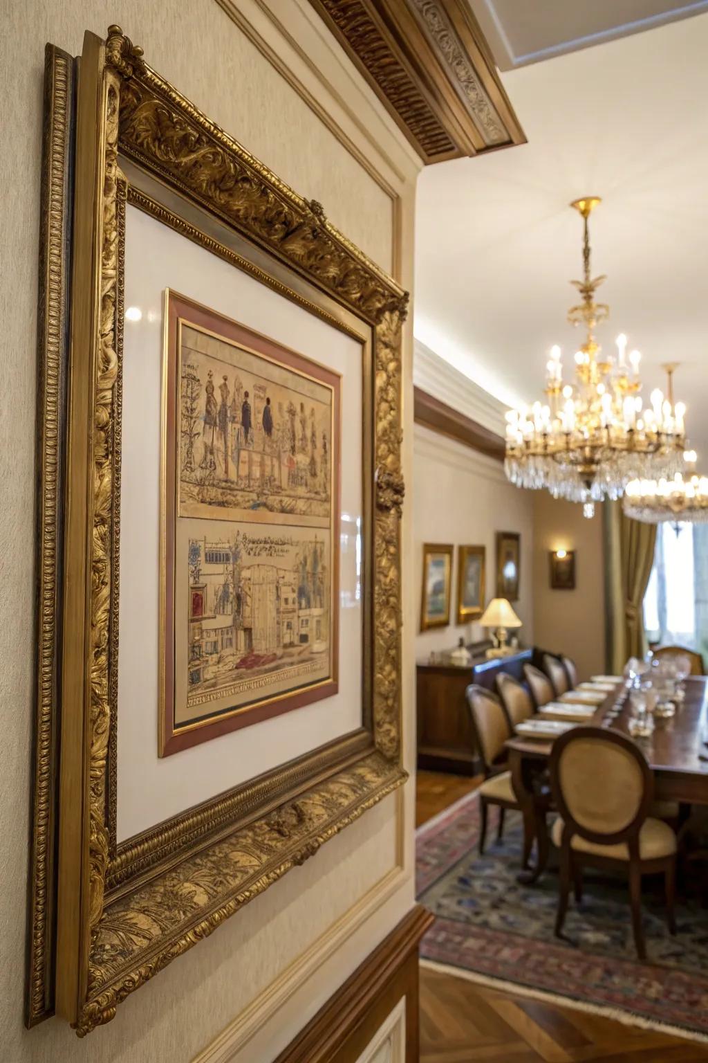 Aged gold frames bring elegance and luxury.
