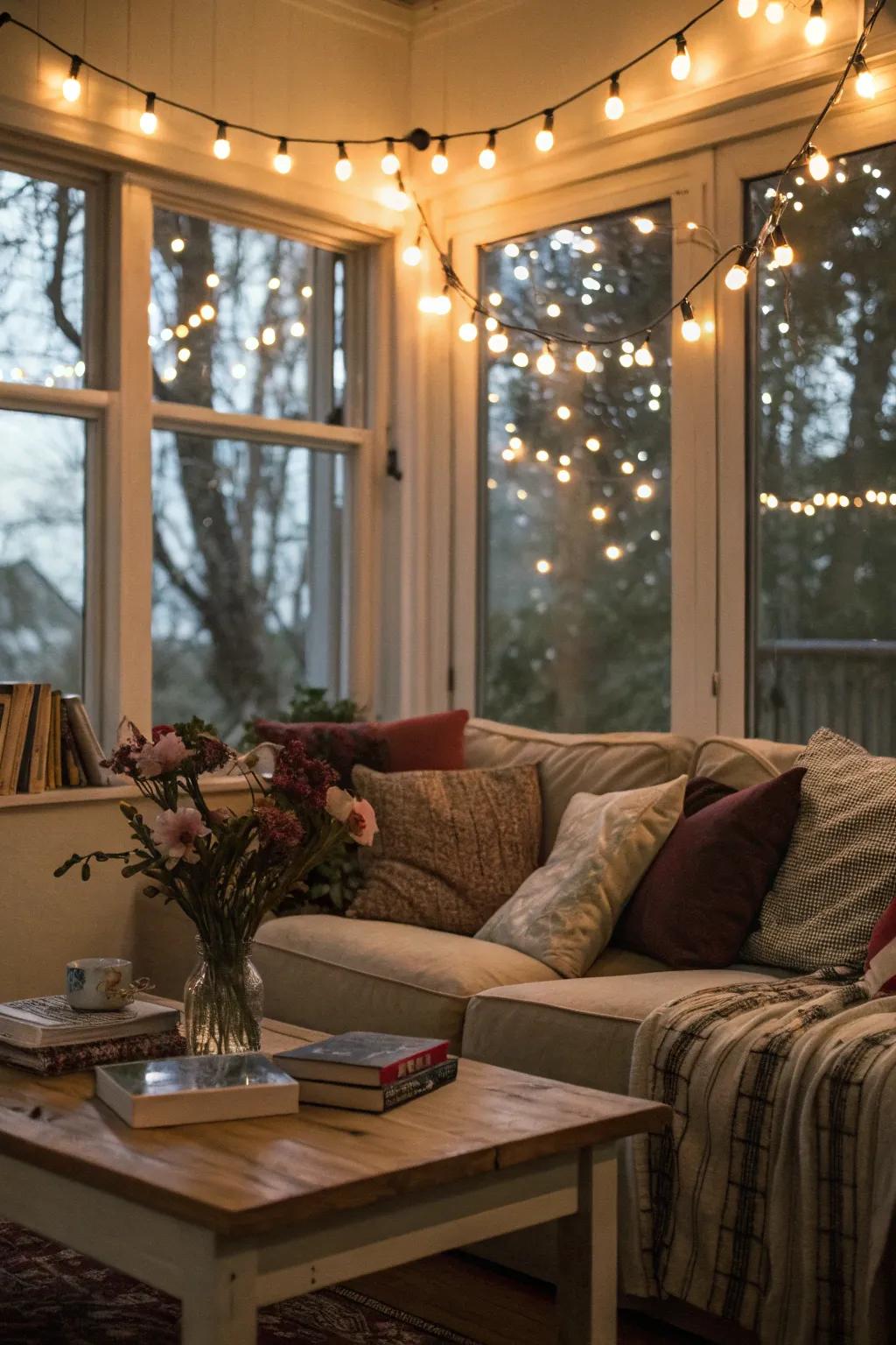 Foster inviting vibes with warm string lights.