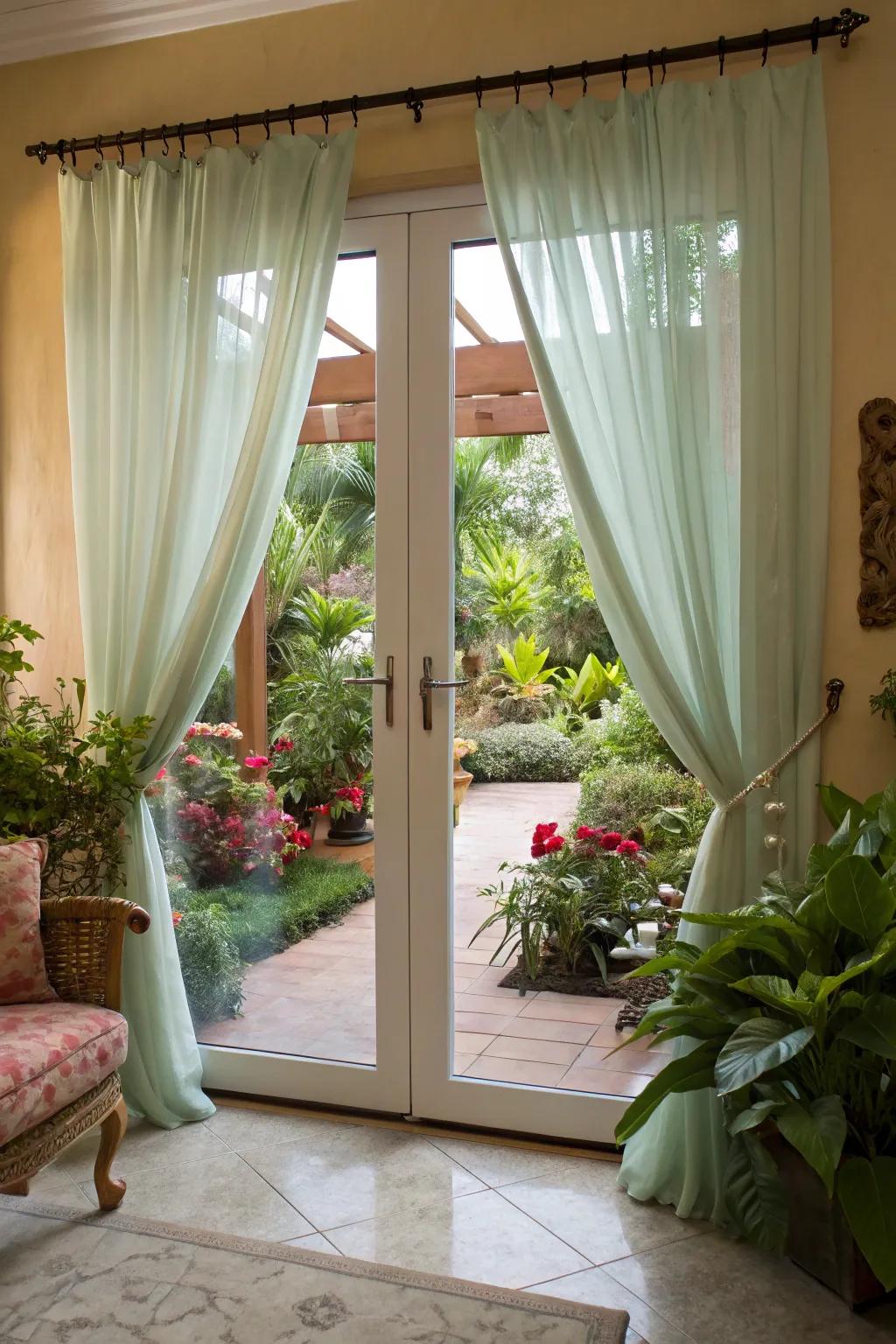 Indoor greenery complements curtains for a refreshing, inviting ambiance.