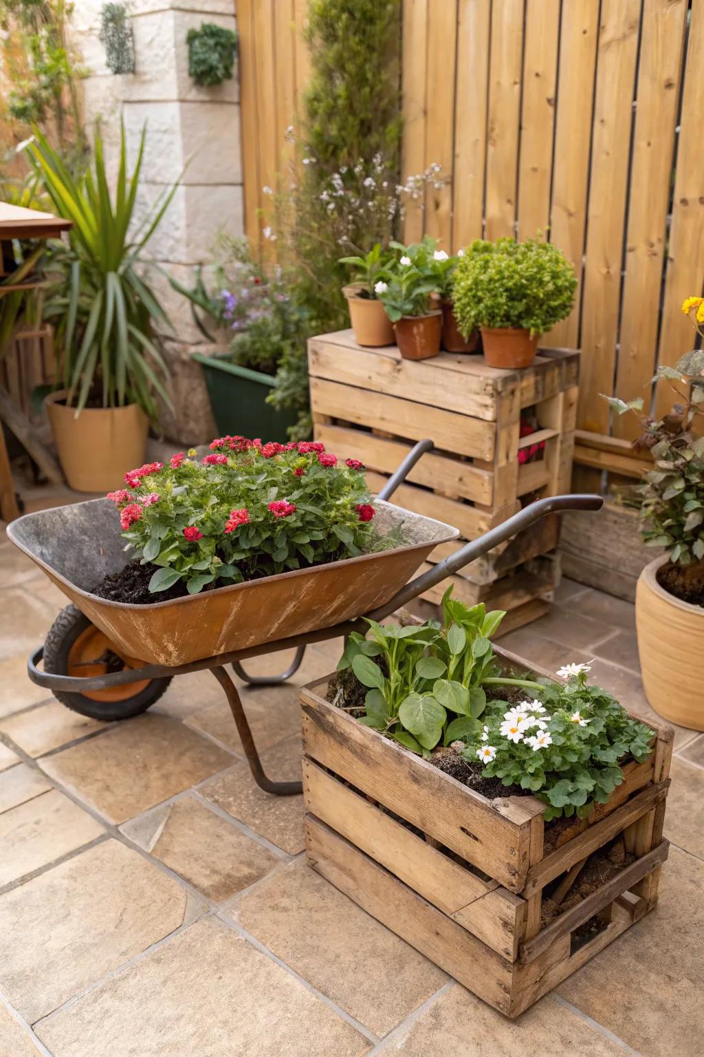 Creative use of repurposed containers adds personality to the garden.