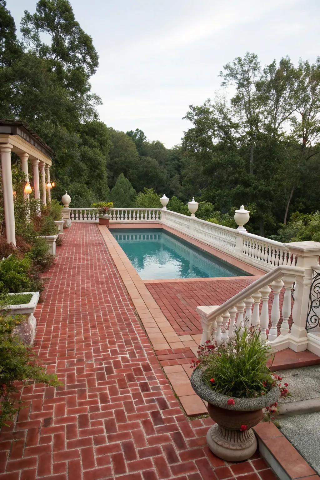 Brick pavers bring a cozy, classic touch to the pool’s edge.