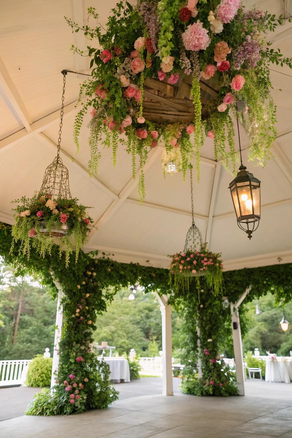 Suspension floral fixtures fashion a breathtaking overhead display.