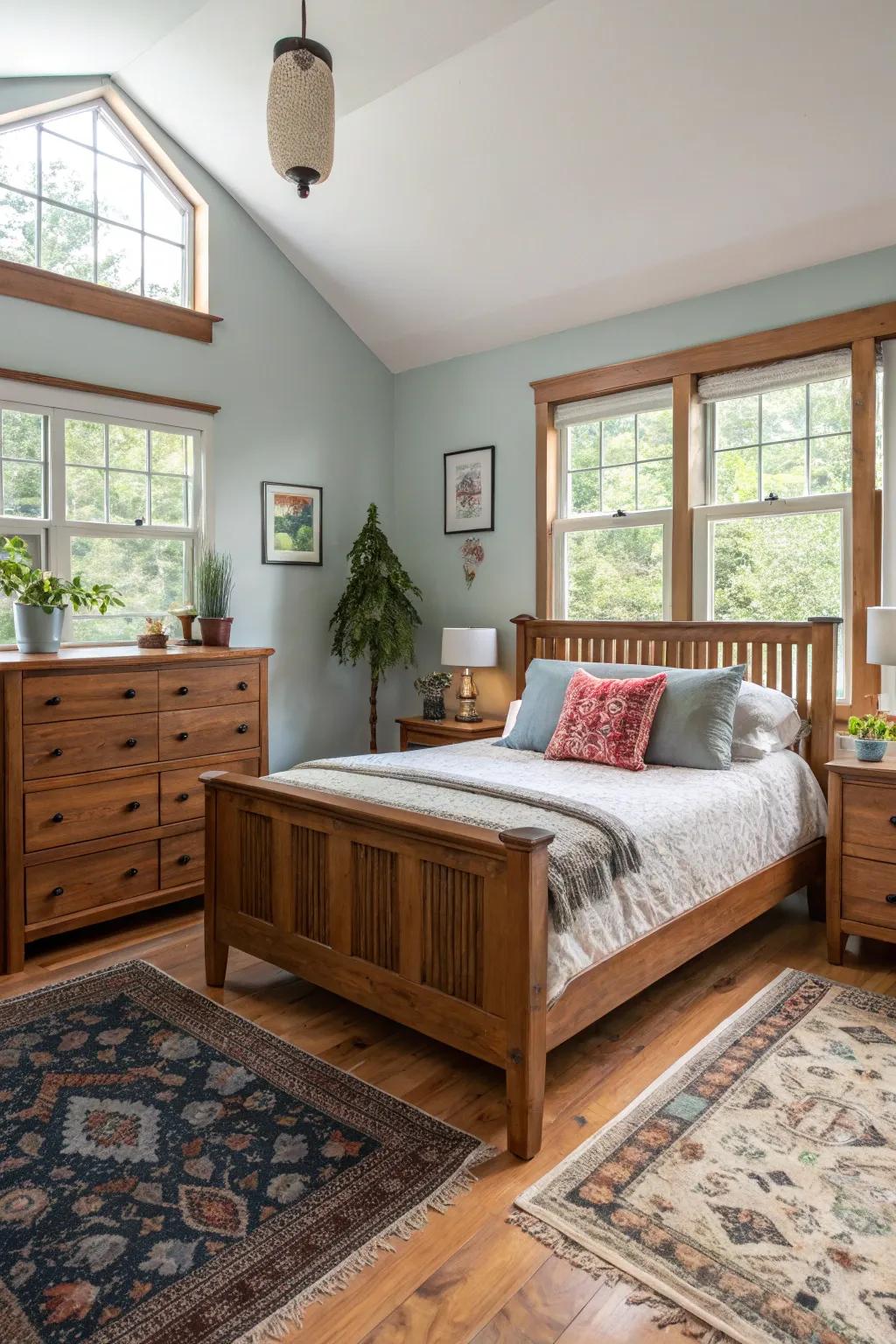 A bedroom showcases timber furniture that introduces warmth and natural beauty.