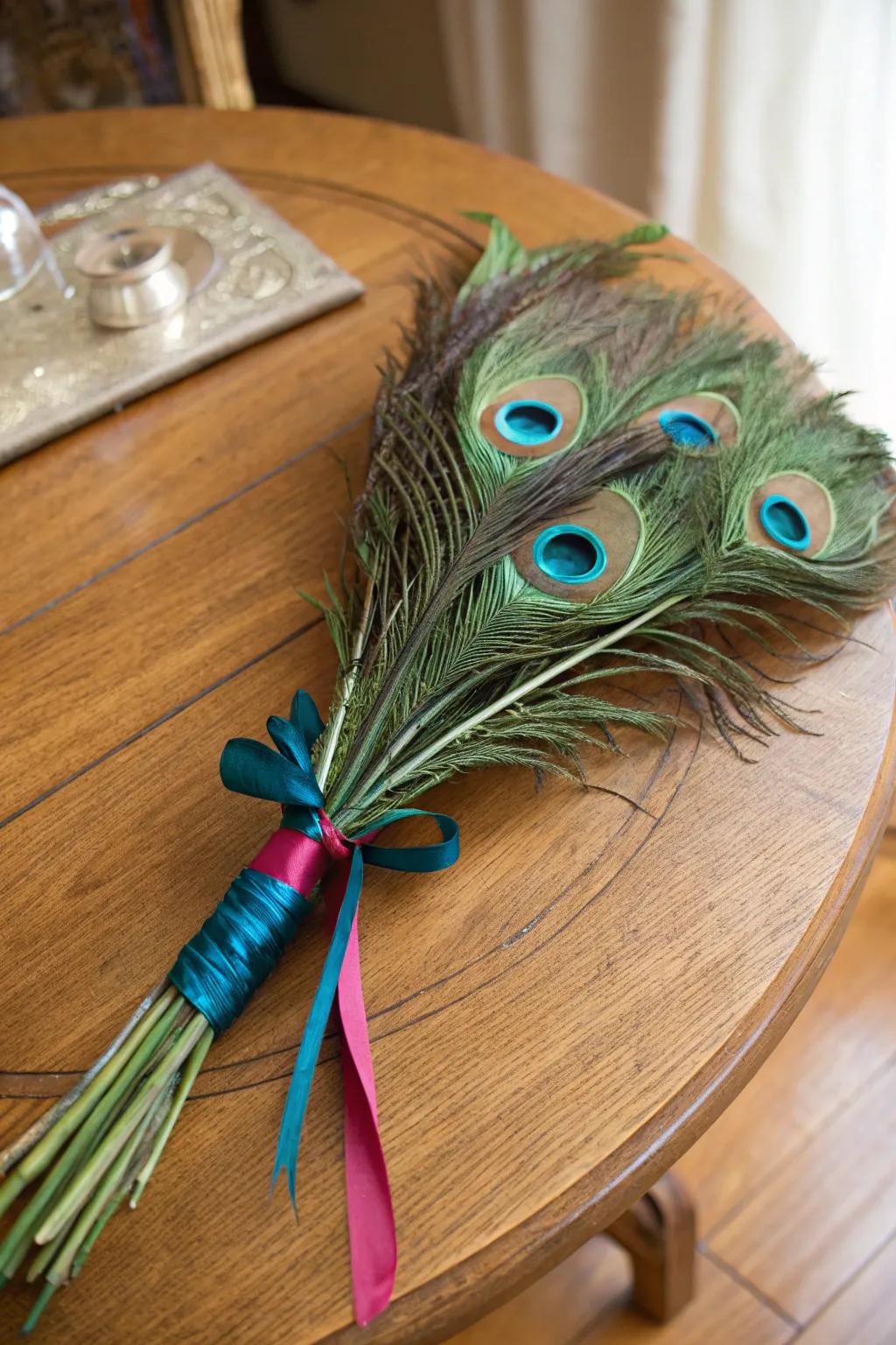 An enchanting centerpiece featuring striped band-tied plume bird quills.
