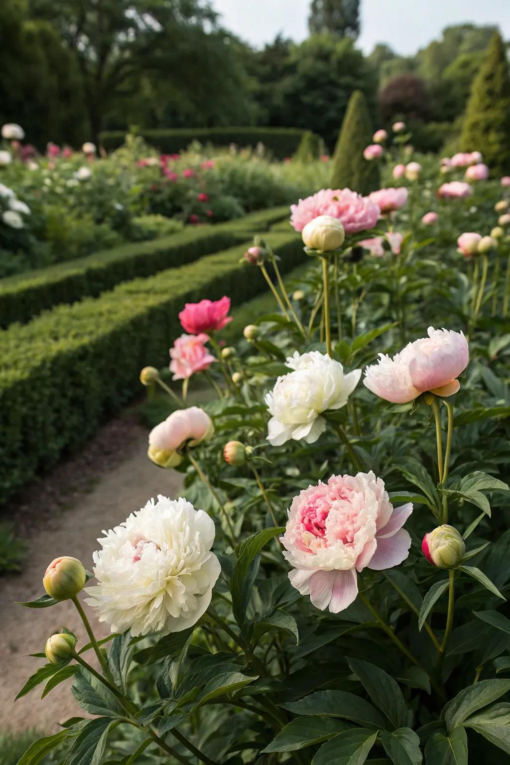 A rotating peony display ensuring continuous garden vibrancy.