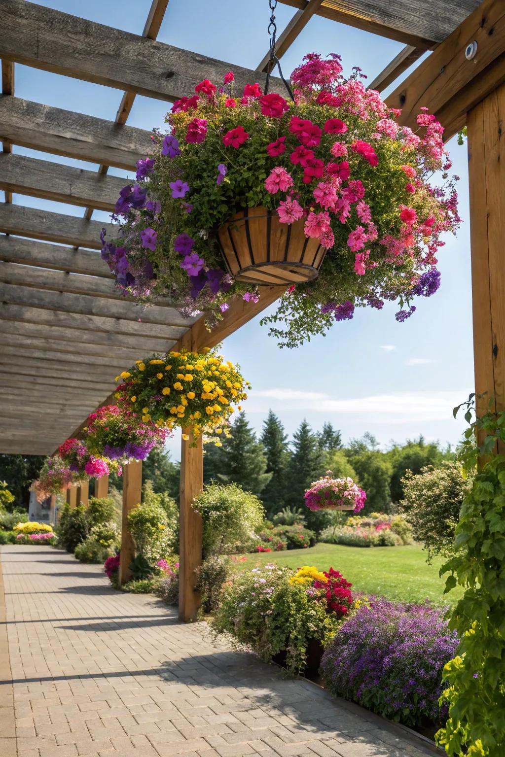 Suspended planters create a hovering garden impression beneath the pergola.