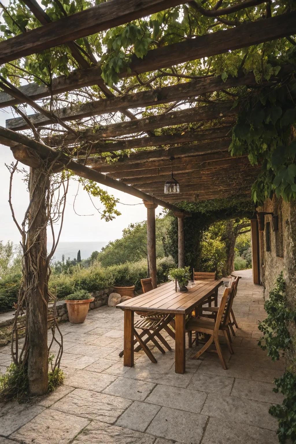 Wood elements introduce an element of rustic charm to your pergola.