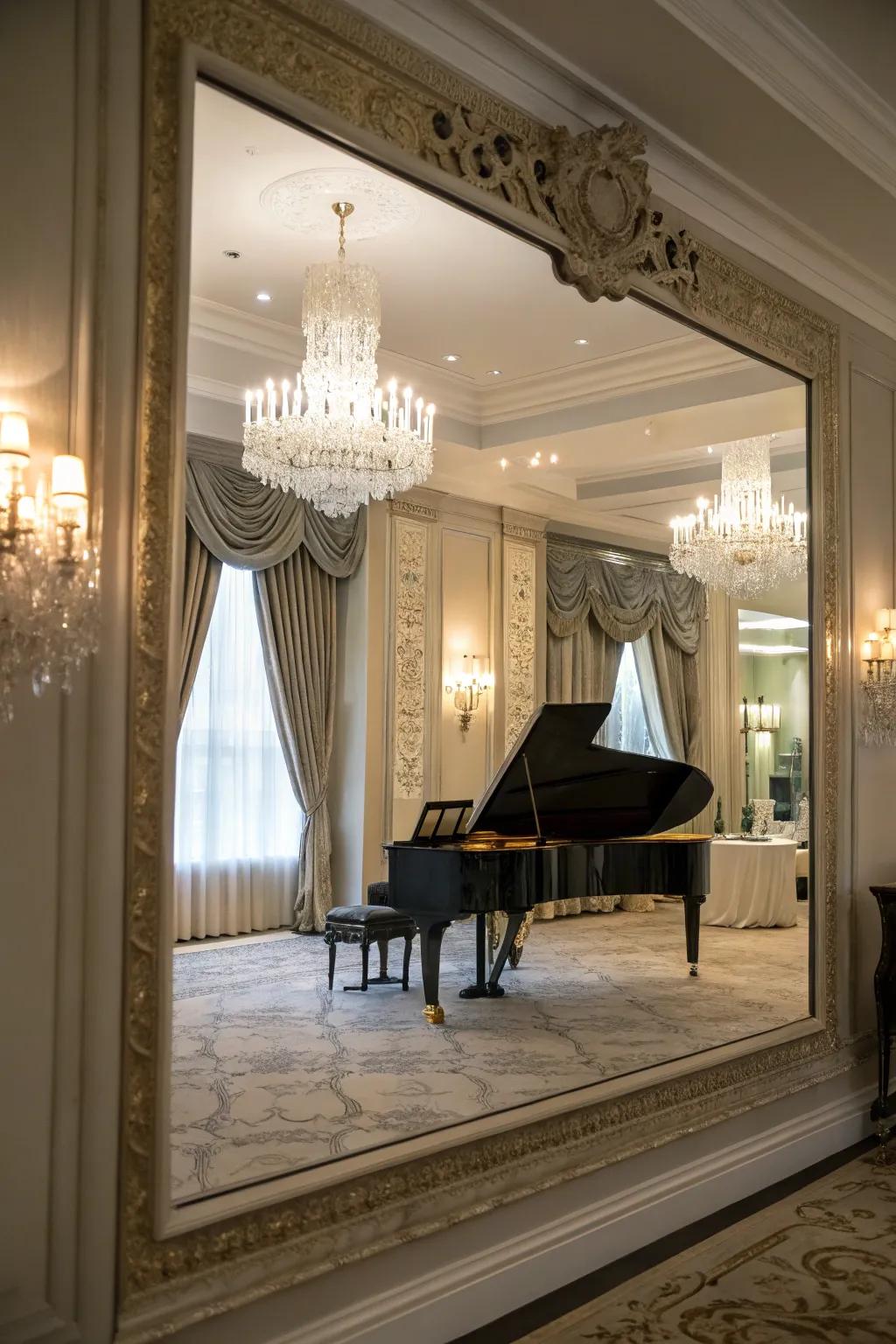 A reflective surface boosts spaciousness and sophistication in the piano room.