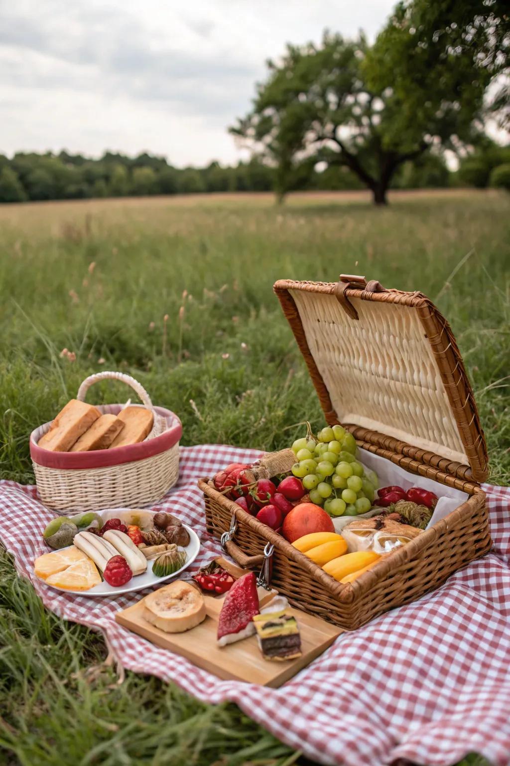 A variety of foods guarantees an enjoyable picnic banquet.