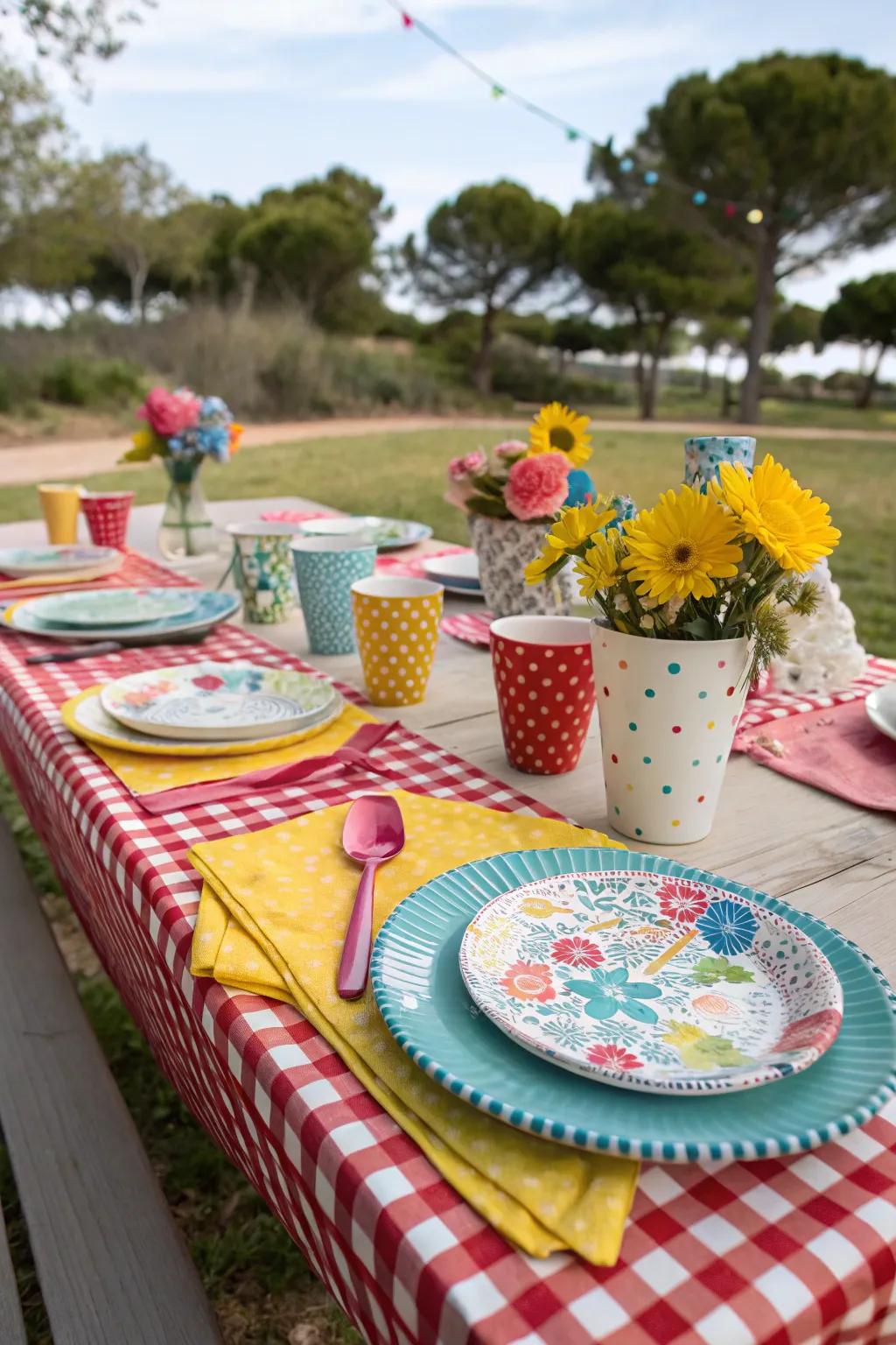An uncoordinated mix of designs and hues provides this picnic setup with a special character.