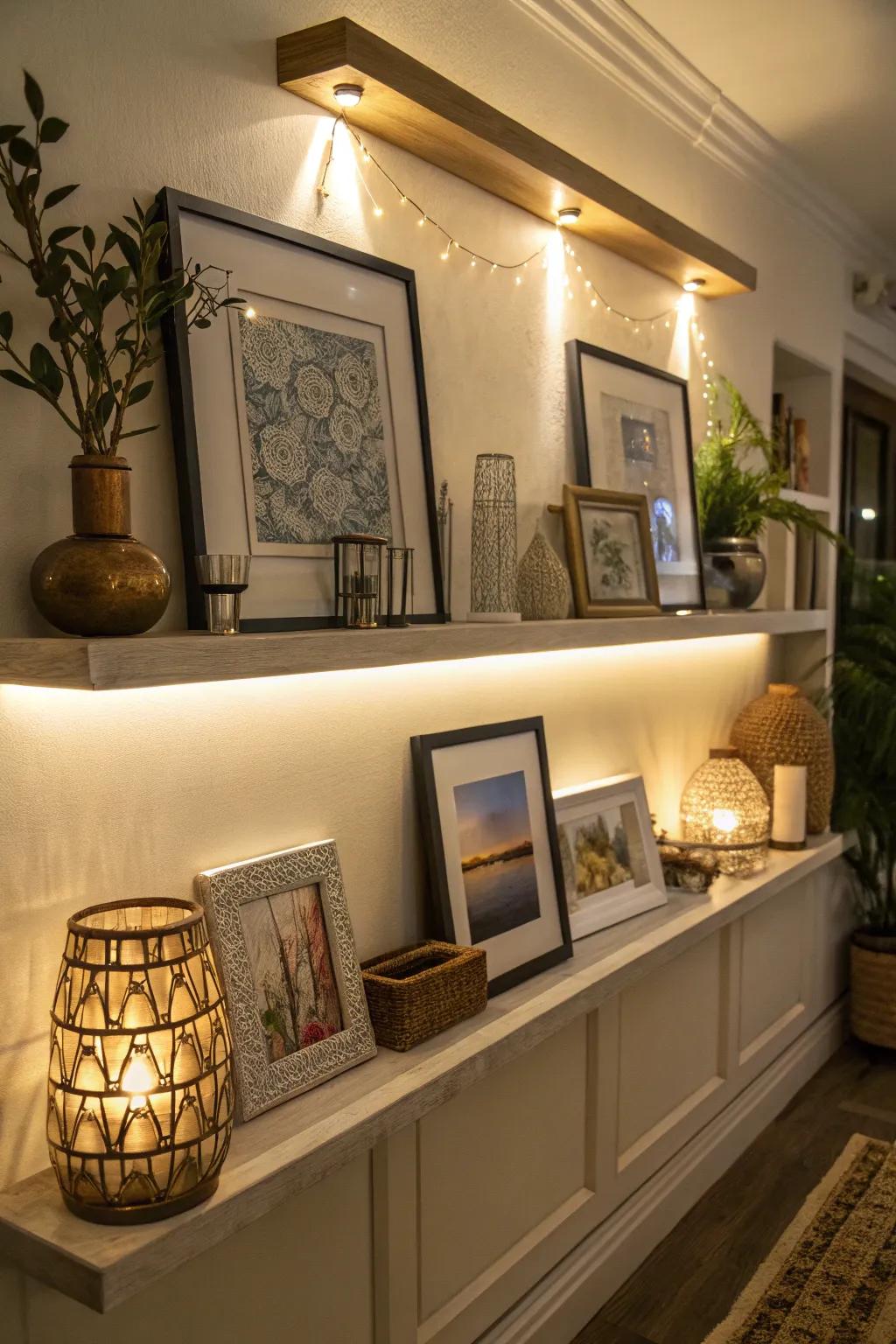 Utilize feature lighting to make your shelf an inviting focal point.