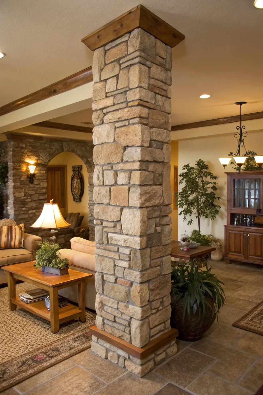 Stone cladding delivers enduring rustic beauty to columns.