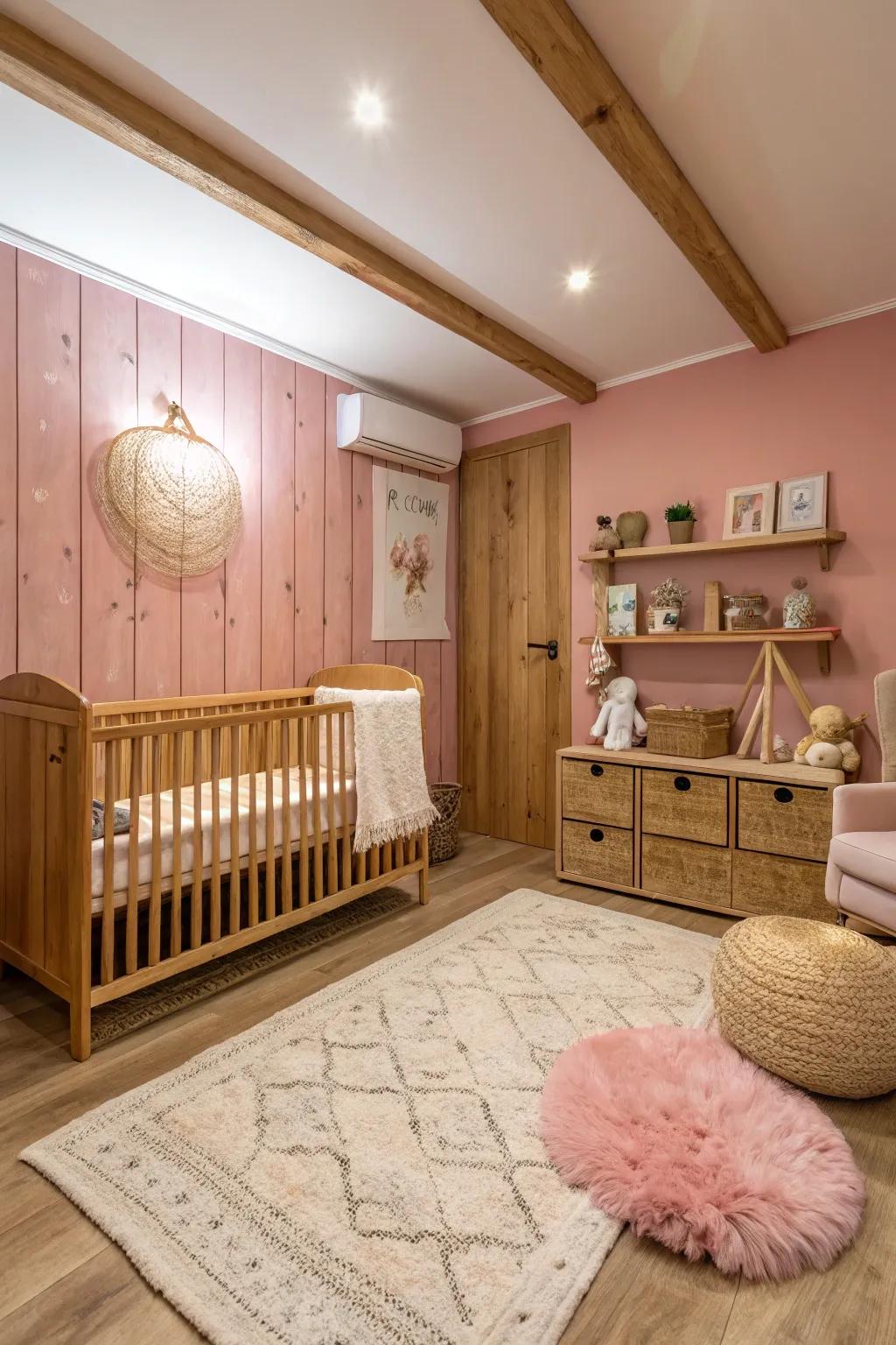 An inviting nursery featuring a country pink wall and wooden accents.