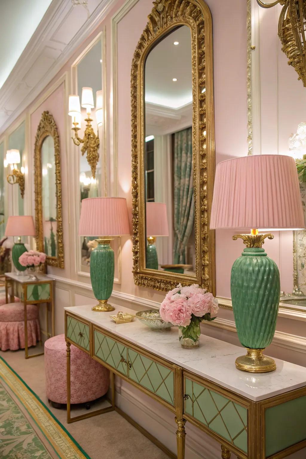Gold details elevate the opulent feel of rose and verdant decor.