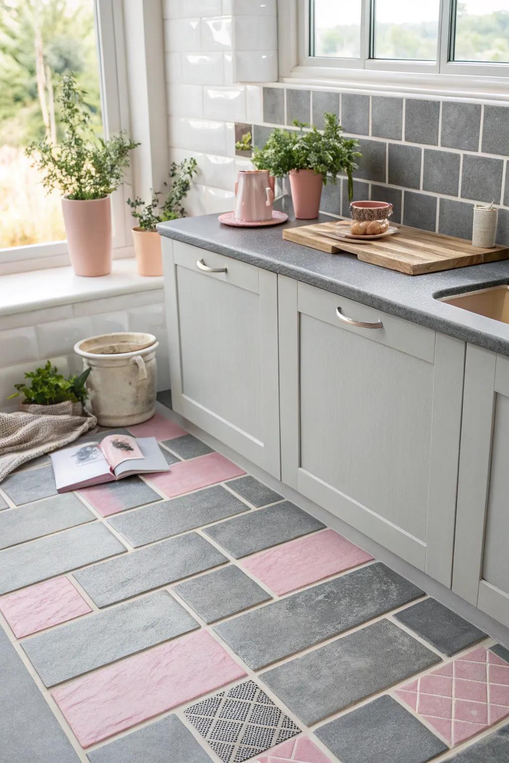 Classic grey tiles enhanced with subtle rose accents.