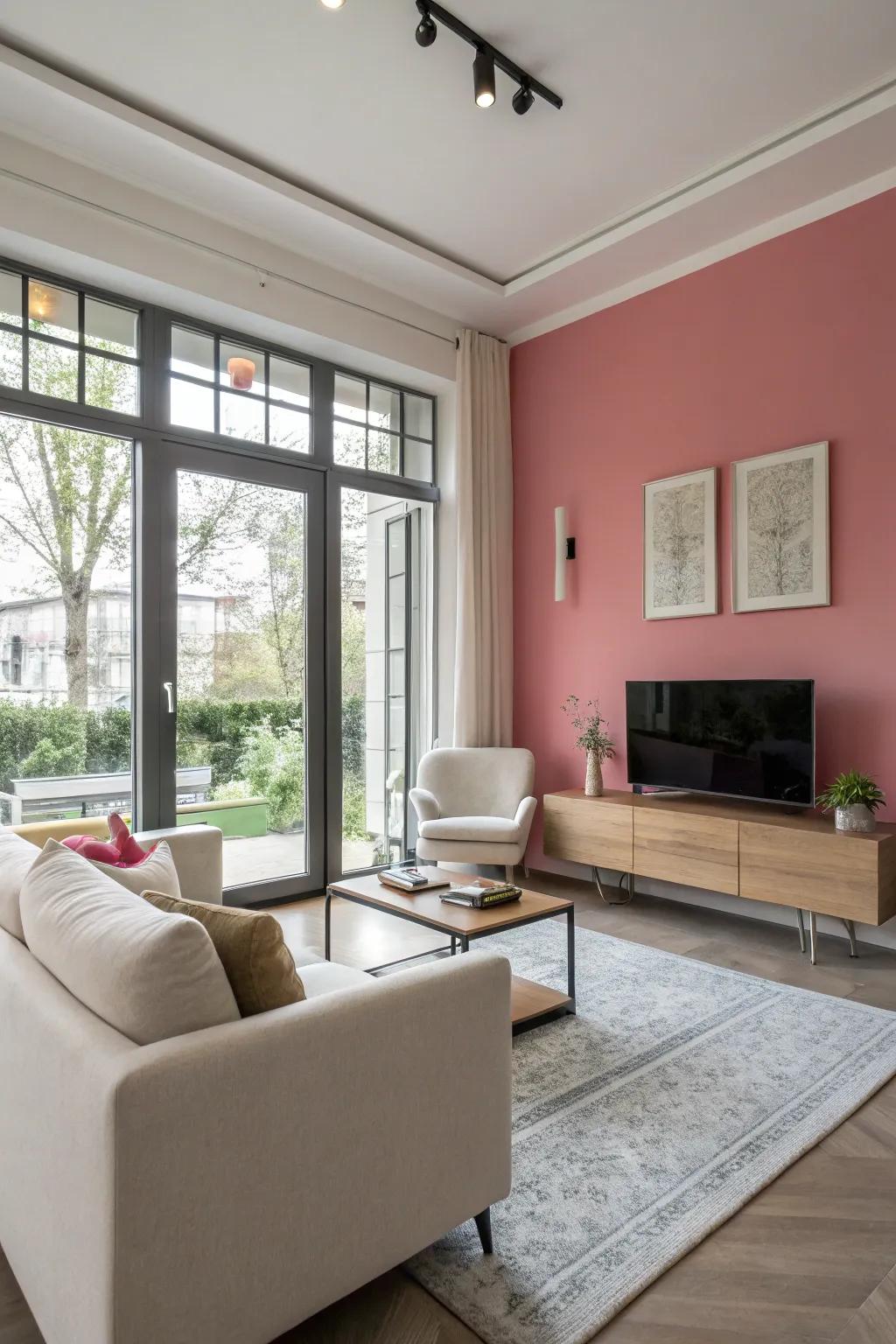 A rose feature wall delivers a calculated point of interest.