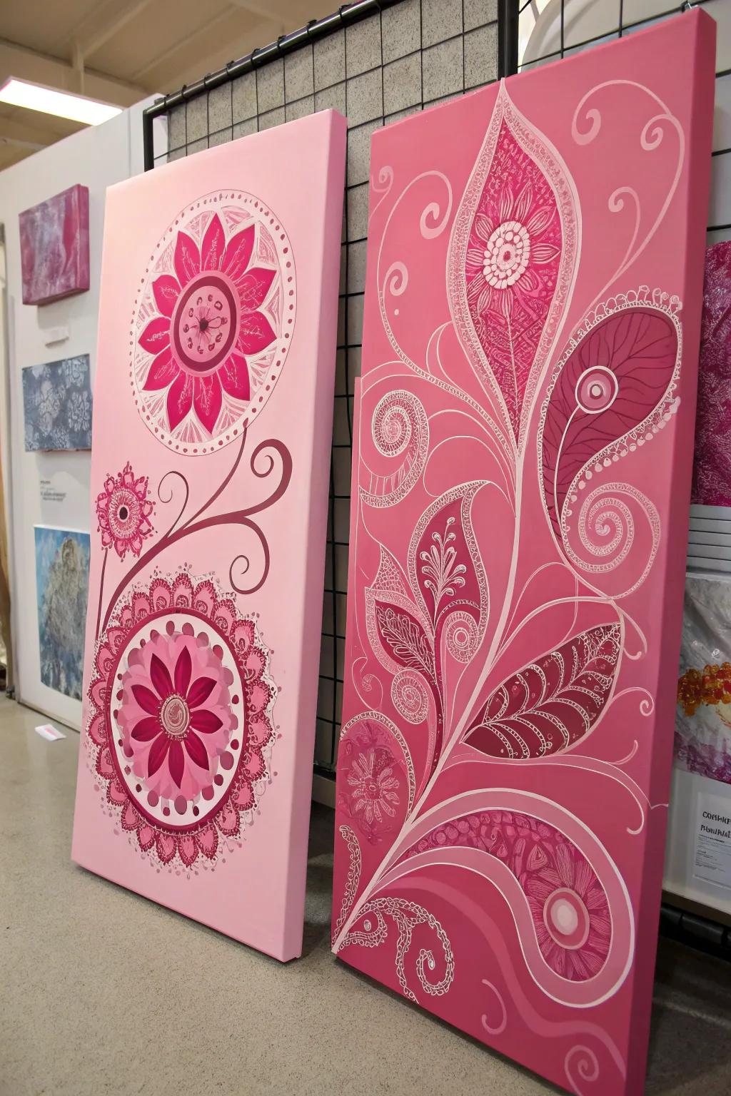 Inventive dual canvas paintings that use rouge color schemes.