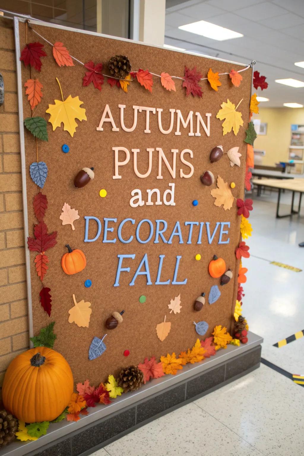 A playful fall pin board featuring humorous autumn puns.