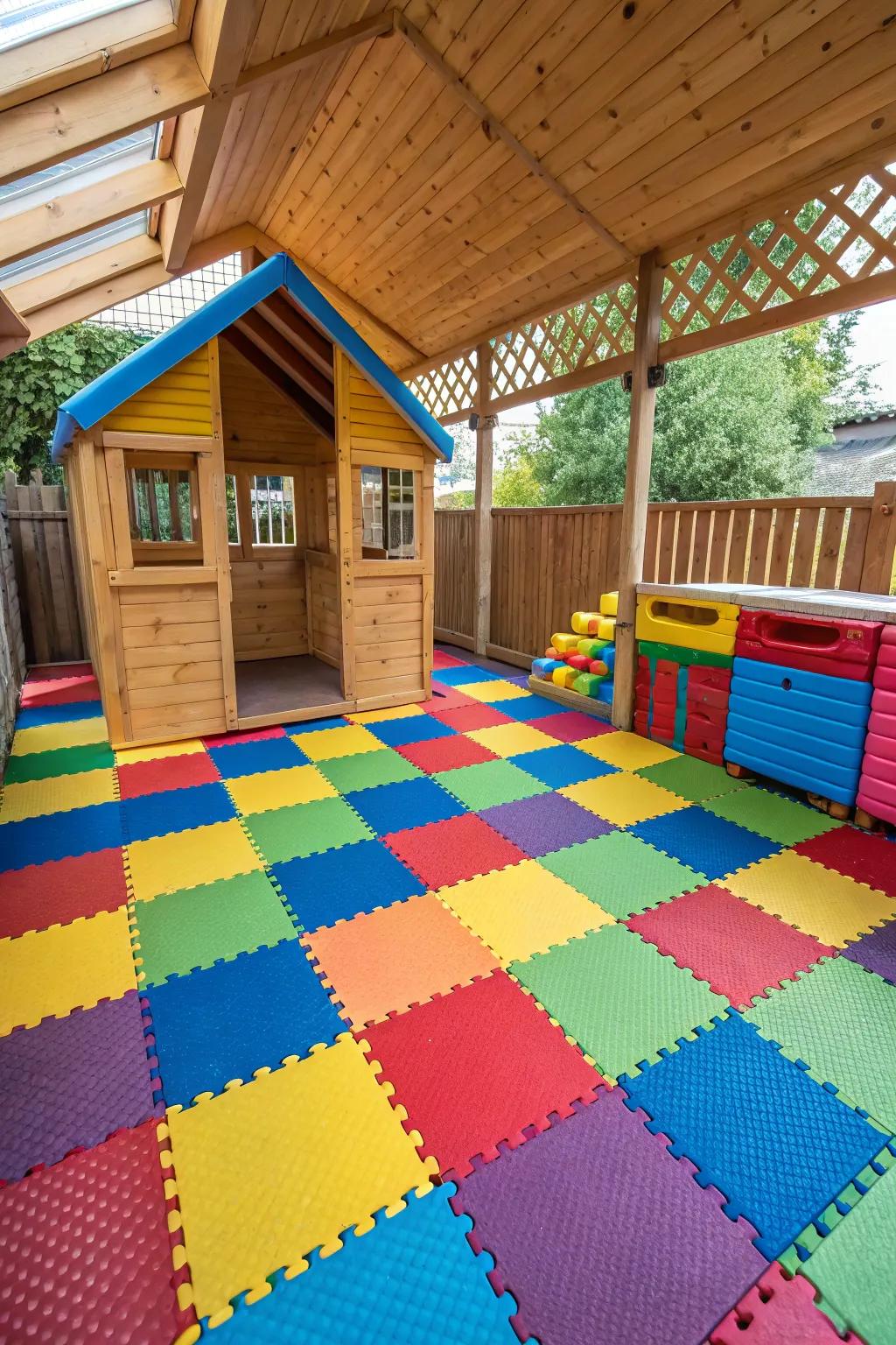 Vibrant rubber blocks fashion a multi-colored and secure play environment.