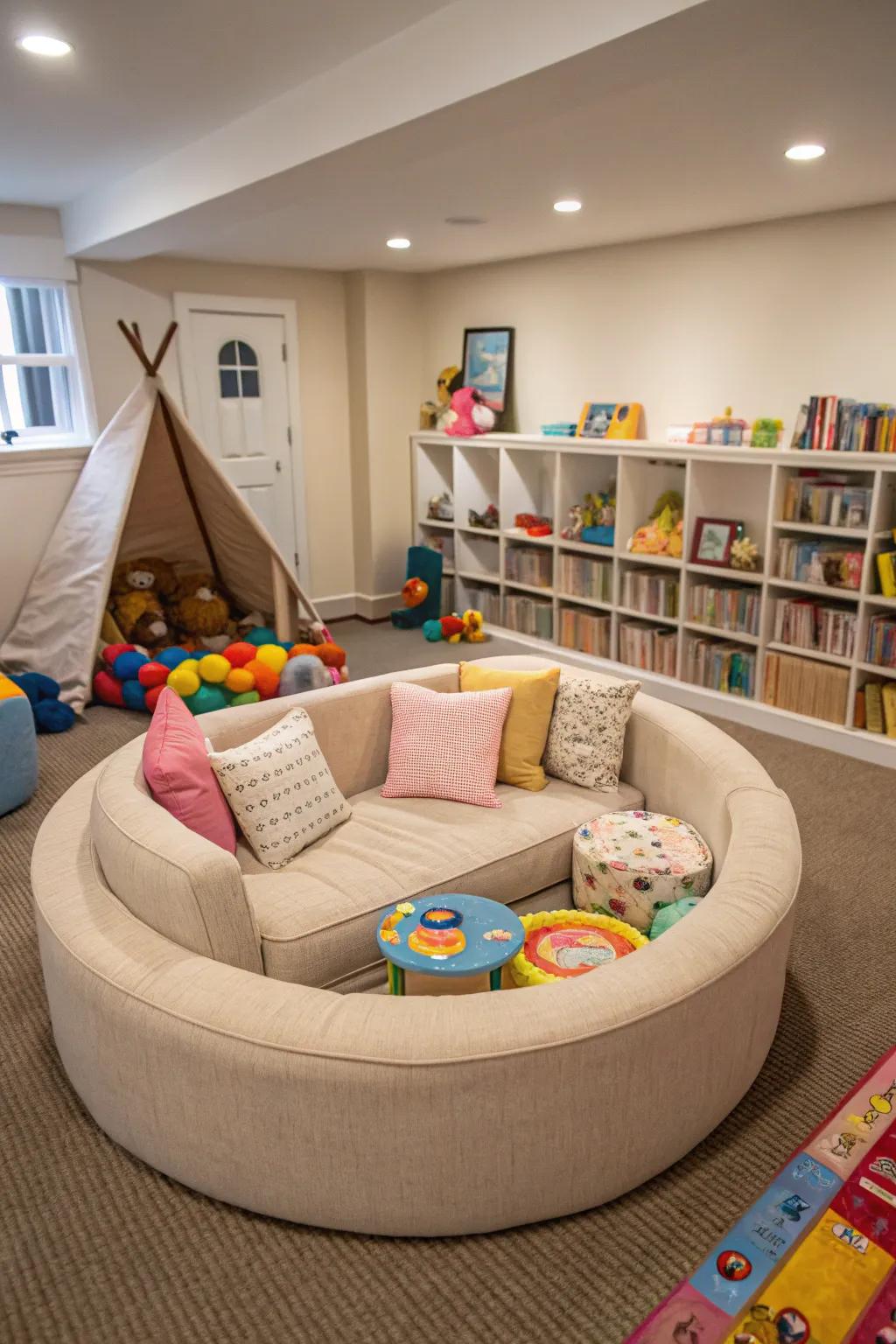 A safe playroom featuring a curvilinear-edged sofa.