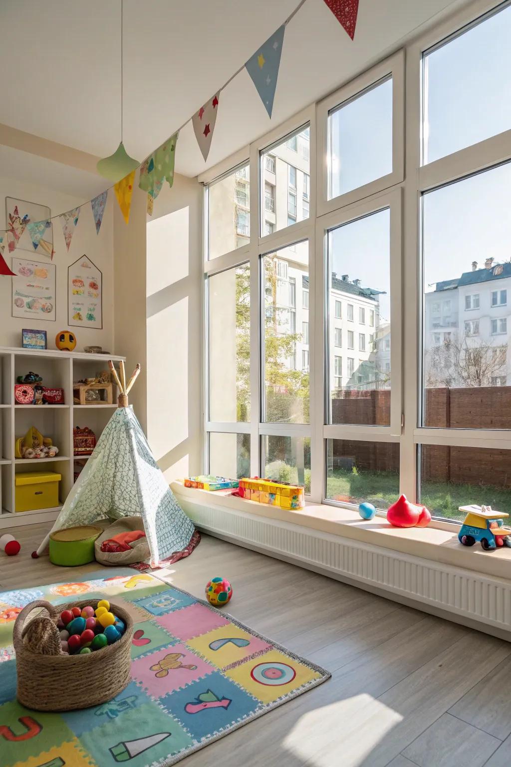 A bright playroom with large windows allowing for lots of natural light.