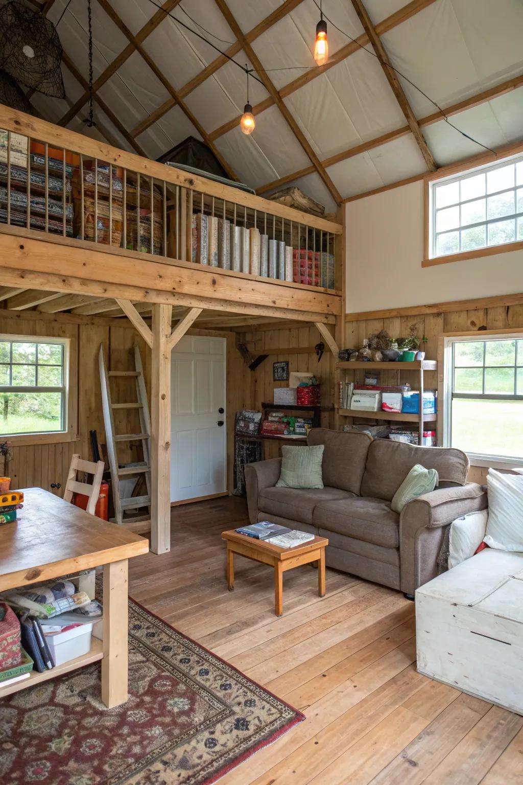 A raised platform in a pole barn used for storage and lounging.