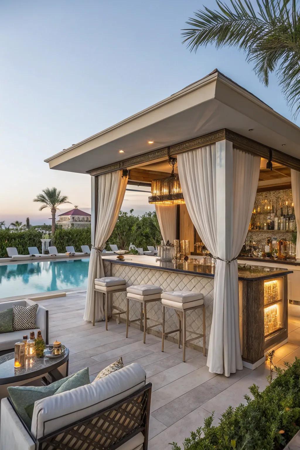 A cabana with a bar supplies a private oasis by the pool.