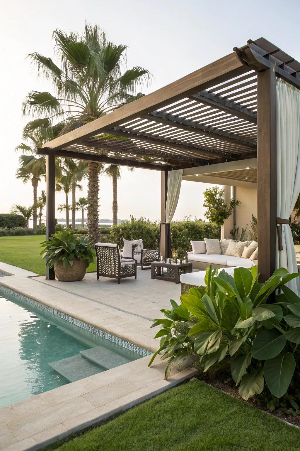 A lattice structure introduces style and shade to your poolside haven.