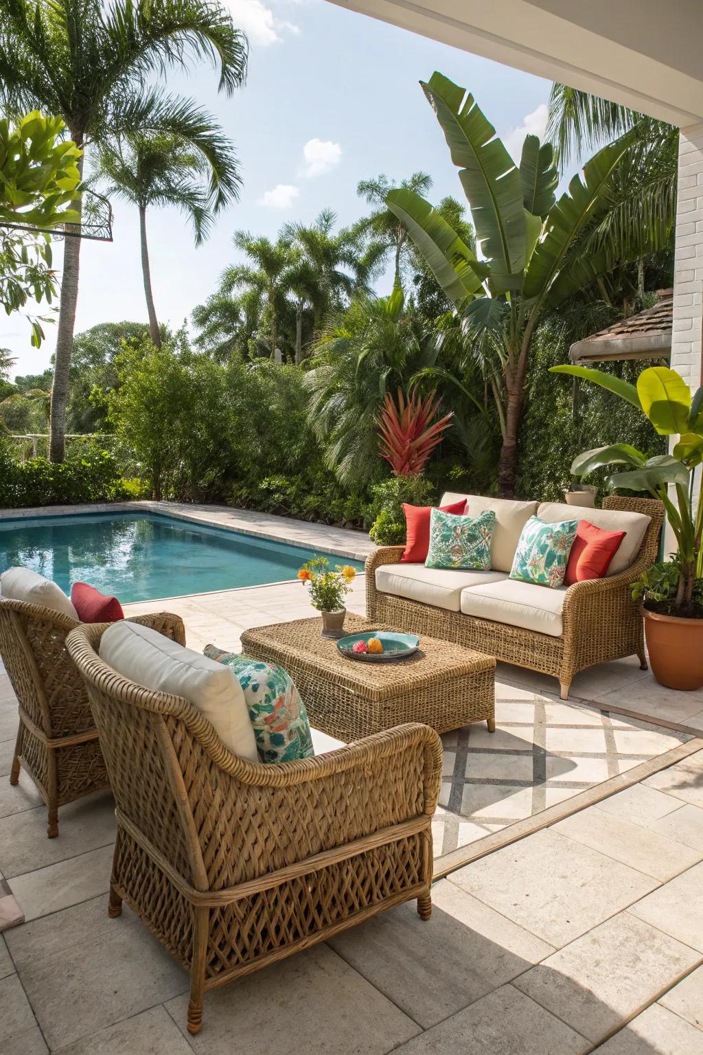 Embrace a tropical aesthetic with charming braided furniture.