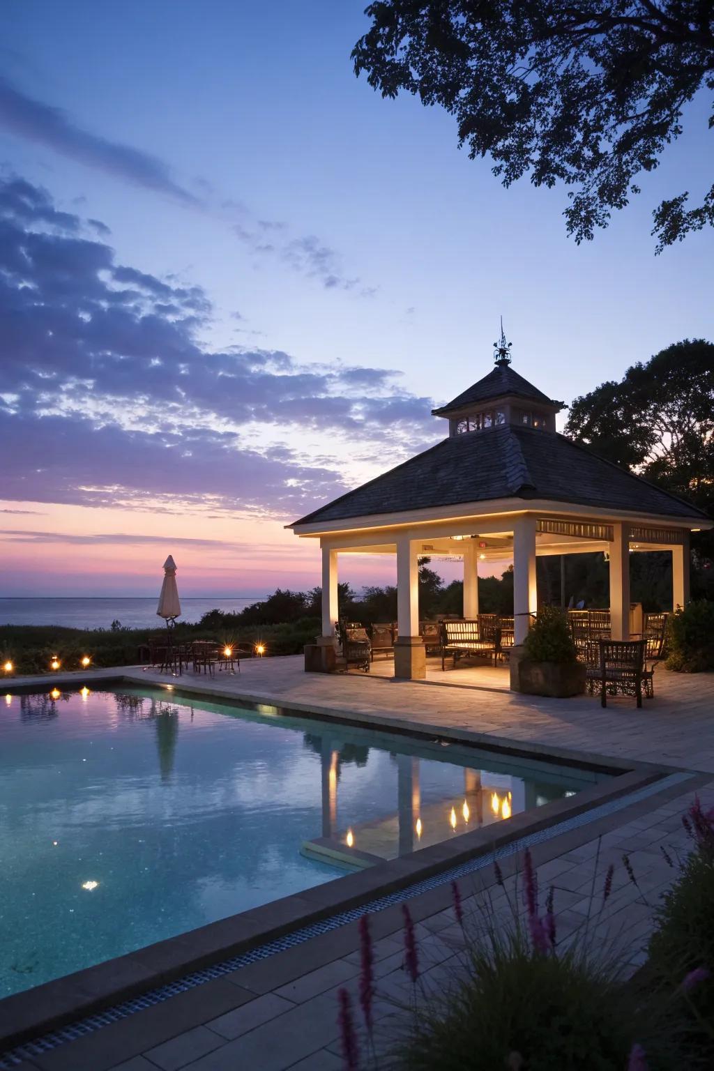 Creative lighting features can transform your pool pavilion into an enchanting nighttime retreat.