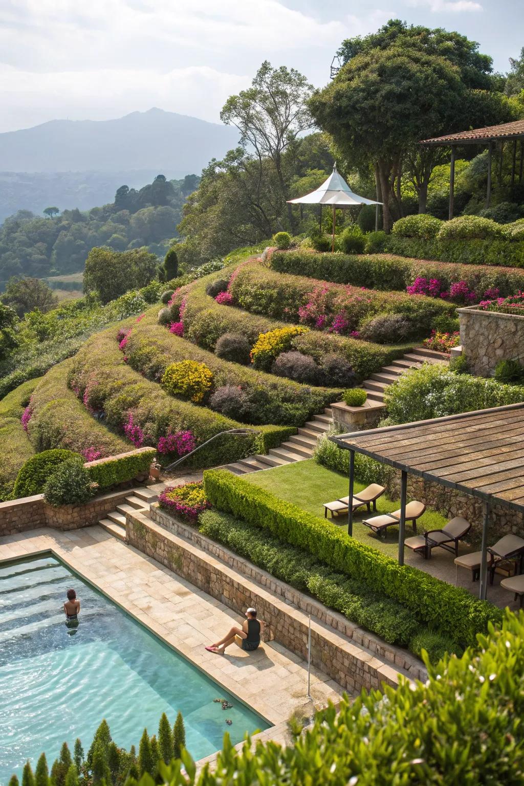 Graded landscaping elevates both privacy and aesthetic appeal.