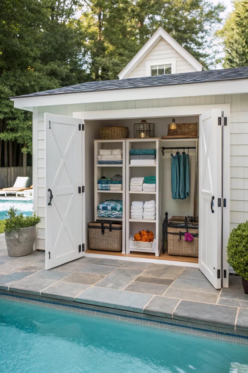 An enclosed pool house offers generous storage and a hint of luxury.