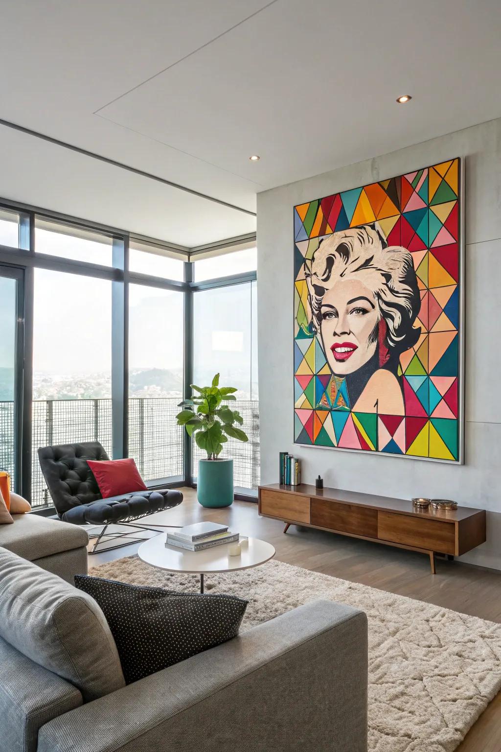 An impressive pop art painting featuring a bright geometric patterned backdrop.