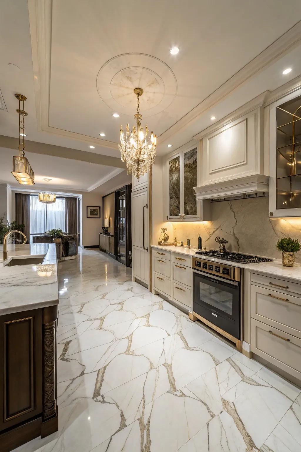 Quartz-look tiles furnish a lavish visual with practical advantages.