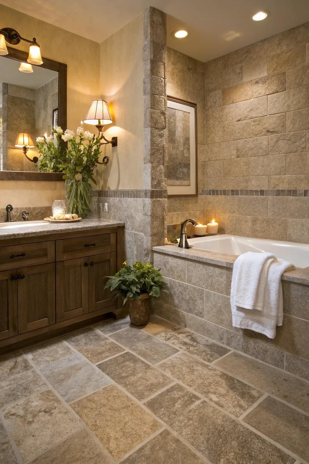 Stone-look ceramic tiles fashion a tranquil, spa-like ambiance in this serene bathroom.