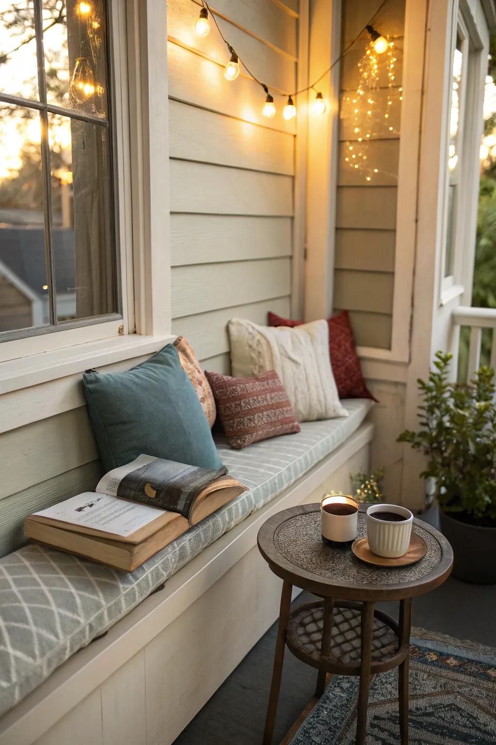A corner bench fashions an inviting nook on a petite porch.