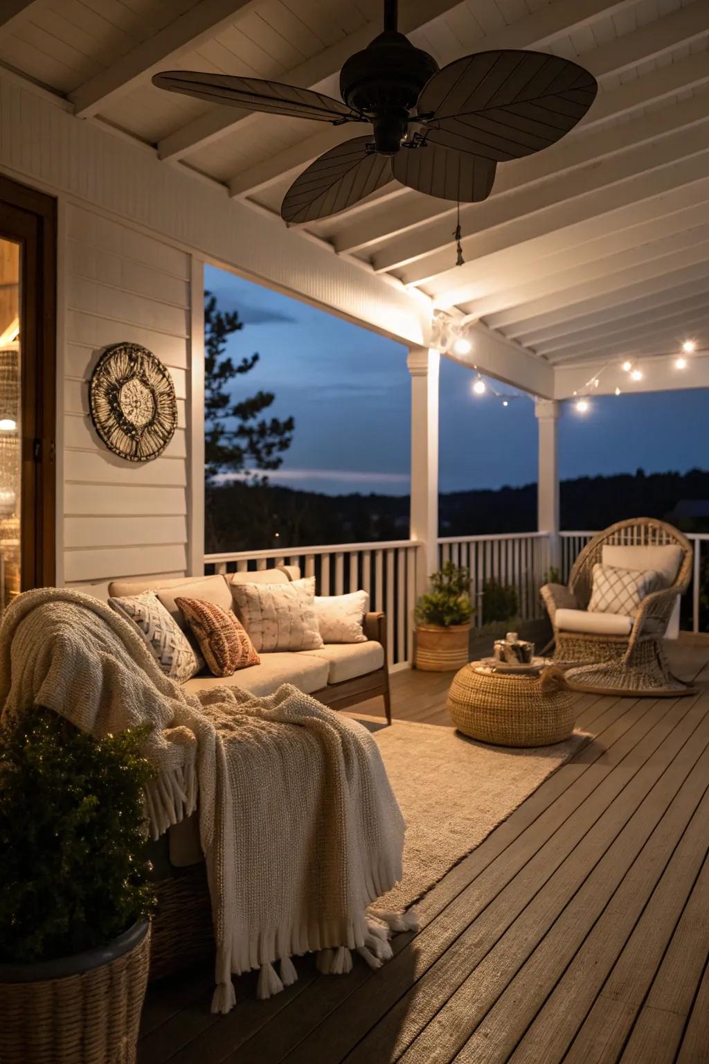 An LED fan keeps this porch well-lit and inviting for evening relaxation.