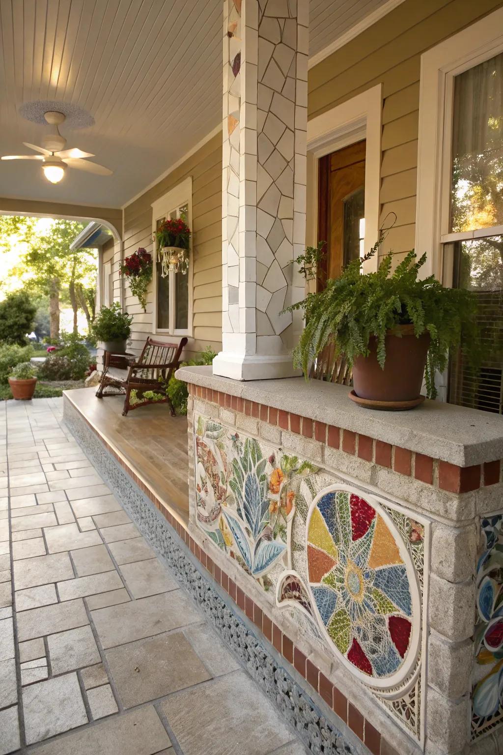 An artistic tilework knee wall lending character to a porch.