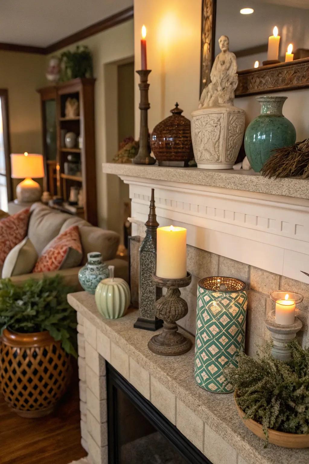 Diverse pottery layout on a dwelling chamber mantel.