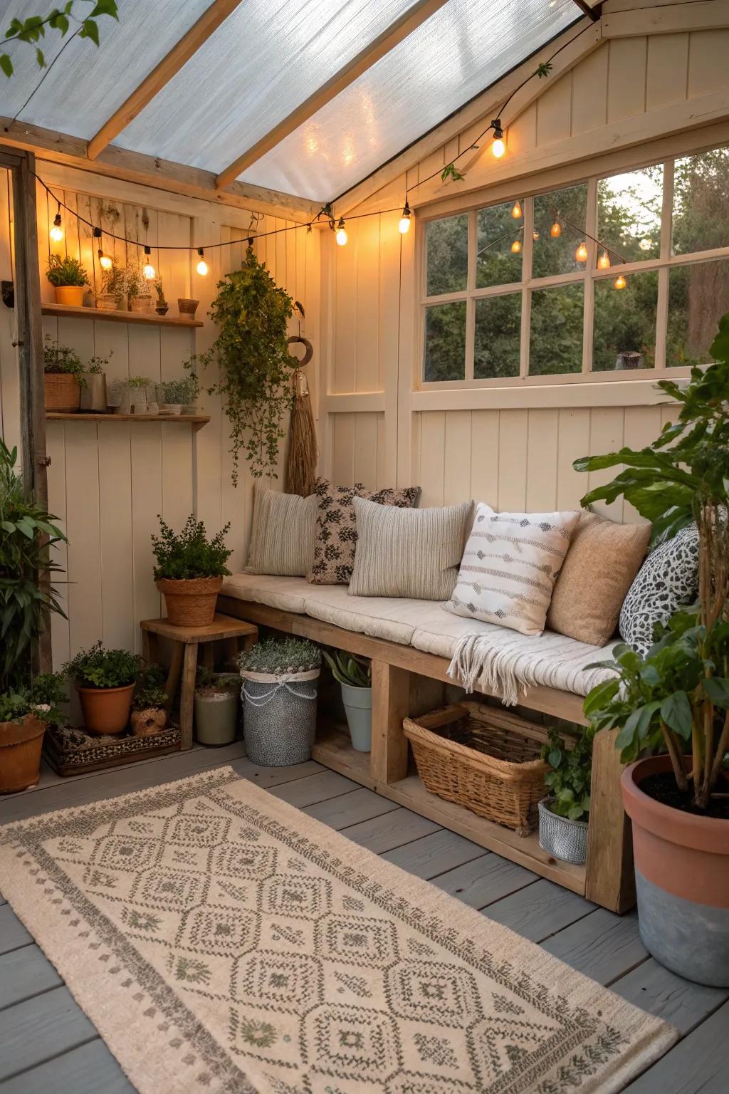 A potting shed enhanced with comforting, cozy elements.
