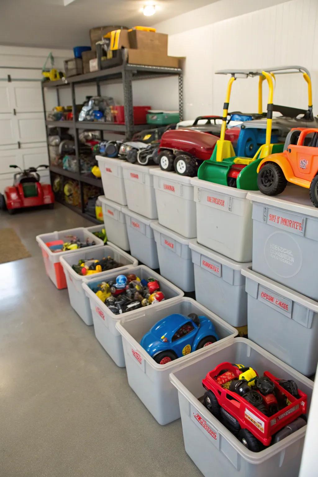 Portable storage bins for organizing smaller motorized toy vehicles.
